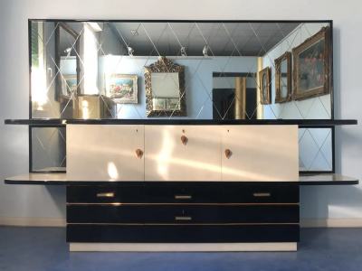 Italian Midcentury Parchment Black Lacquered Sideboard 1950