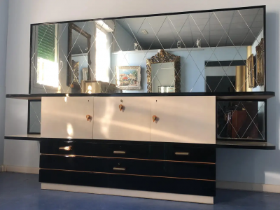 Italian Midcentury Parchment Black Lacquered Sideboard 1950