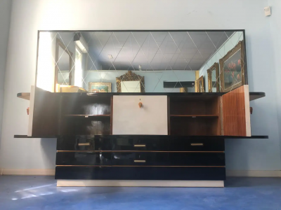 Italian Midcentury Parchment Black Lacquered Sideboard 1950