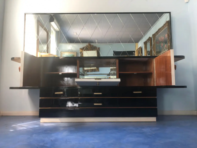 Italian Midcentury Parchment Black Lacquered Sideboard 1950