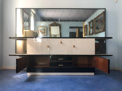 Italian Midcentury Parchment Black Lacquered Sideboard 1950