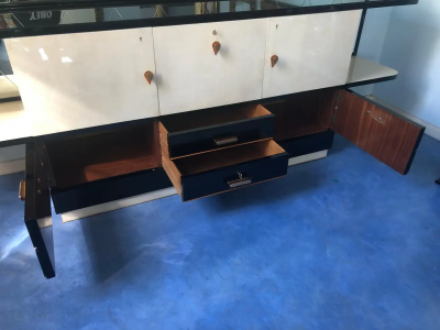 Italian Midcentury Parchment Black Lacquered Sideboard 1950