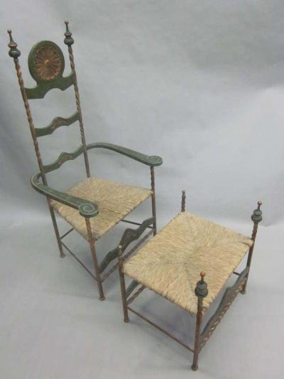 Italian Midcentury Throne Armchair or Lounge Chair with Bench or Ottoman