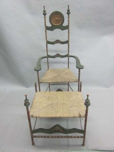 Italian Midcentury Throne Armchair or Lounge Chair with Bench or Ottoman