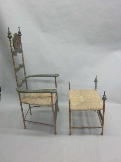 Italian Midcentury Throne Armchair or Lounge Chair with Bench or Ottoman