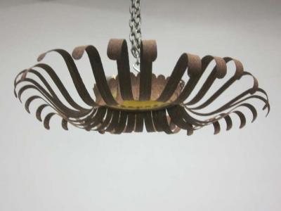Italian Midcentury Wrought Iron and Blown Glass Sunburst Flush Mount Pendant