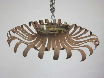 Italian Midcentury Wrought Iron and Blown Glass Sunburst Flush Mount Pendant