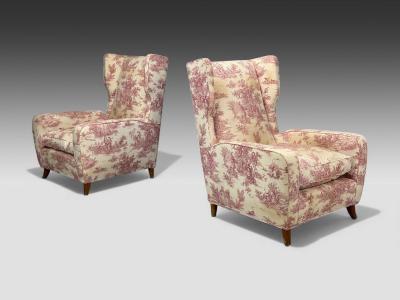 Italian Modern Ashwood Fabric Large Wingback Chairs Italy 1950s