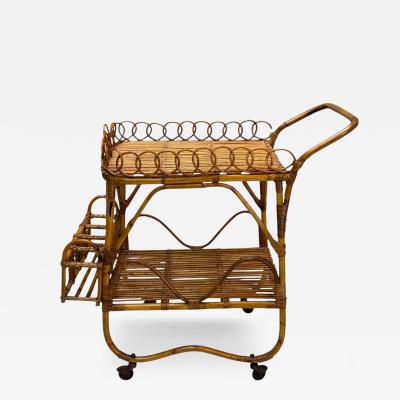 Italian Modern Bamboo Rattan Metal Bar Cart Italy 1960s