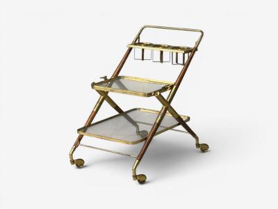 Italian Modern Bar Cart Teak Brass Glass Italy 1950s