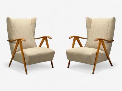 Italian Modern Beige Boucle Wood Sculptural Lounge Chairs Italy 1960s