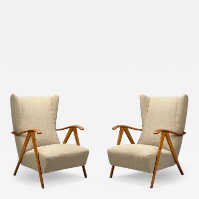 Italian Modern Beige Boucle Wood Sculptural Lounge Chairs Italy 1960s