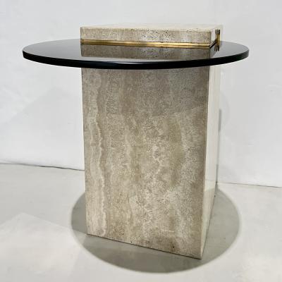 Italian Modern Beige Travertine Black Glass Brass Geometric Organic Side Table
