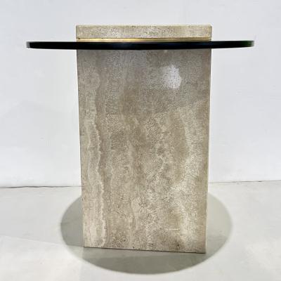 Italian Modern Beige Travertine Black Glass Brass Geometric Organic Side Table