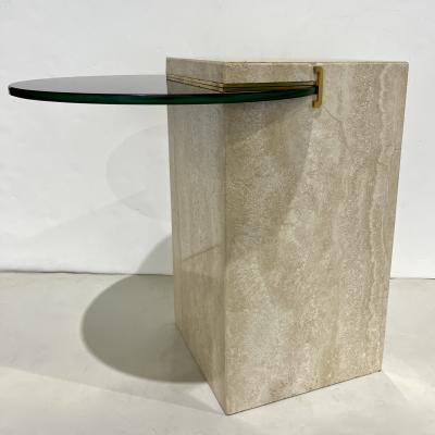 Italian Modern Beige Travertine Black Glass Brass Geometric Organic Side Table