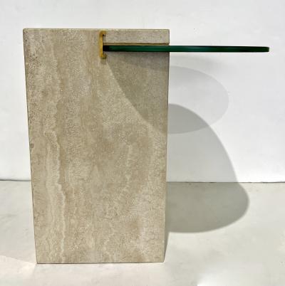 Italian Modern Beige Travertine Black Glass Brass Geometric Organic Side Table