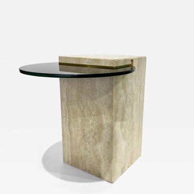 Italian Modern Beige Travertine Black Glass Brass Geometric Organic Side Table