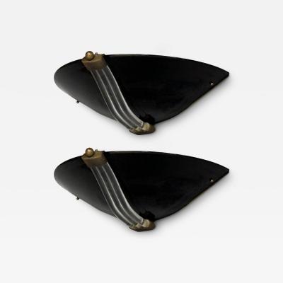Italian Modern Black Murano Glass Brass Large Sconces Italy 1930s