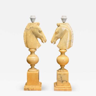 Italian Modern Hand Carved Alabaster Horse Motif Table Lamps Italy 1950s