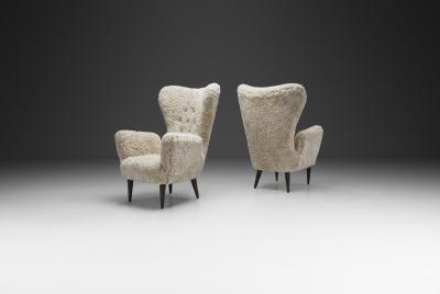 Italian Modern High Back Armchairs with Sheepskin Upholstery Italy 1960s