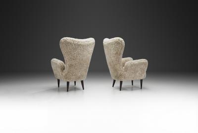 Italian Modern High Back Armchairs with Sheepskin Upholstery Italy 1960s