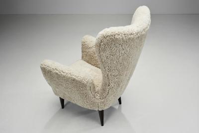 Italian Modern High Back Armchairs with Sheepskin Upholstery Italy 1960s