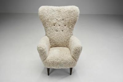 Italian Modern High Back Armchairs with Sheepskin Upholstery Italy 1960s