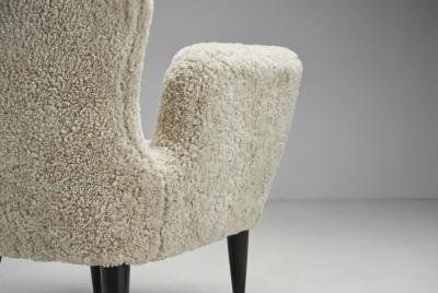 Italian Modern High Back Armchairs with Sheepskin Upholstery Italy 1960s