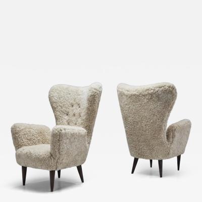 Italian Modern High Back Armchairs with Sheepskin Upholstery Italy 1960s