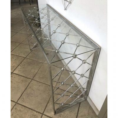 Italian Modern Industrial Design Criss Cross Fretwork Iron Console Entry Table