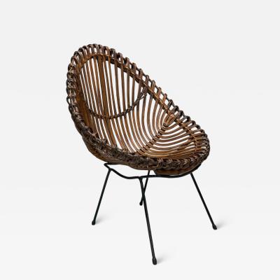 Italian Modern Metal Bamboo Rattan Lounge Chair Italy 1950s
