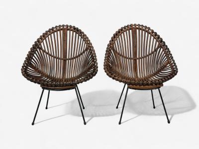Italian Modern Metal Bamboo Rattan Lounge Chairs Italy 1950s