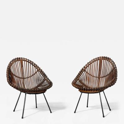 Italian Modern Metal Bamboo Rattan Lounge Chairs Italy 1950s