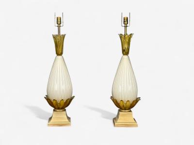 Italian Modern Murano Glass Wood Large Table Lamps Italy 1940s