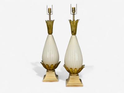 Italian Modern Murano Glass Wood Large Table Lamps Italy 1940s