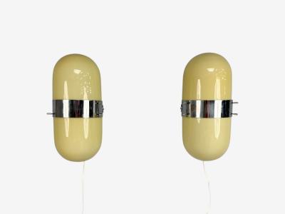 Italian Modern Opaline Glass Chrome Space Age Wall Sconces Italy 1970s