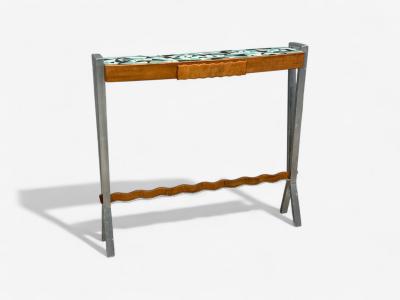 Italian Modern Painted Glass Ash Wood Metal Console Table Italy 1960s