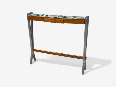 Italian Modern Painted Glass Ash Wood Metal Console Table Italy 1960s