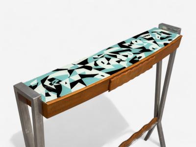 Italian Modern Painted Glass Ash Wood Metal Console Table Italy 1960s