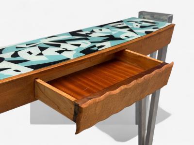 Italian Modern Painted Glass Ash Wood Metal Console Table Italy 1960s