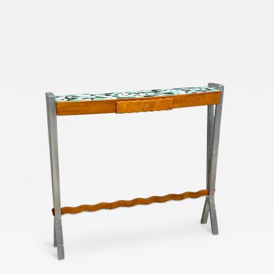 Italian Modern Painted Glass Ash Wood Metal Console Table Italy 1960s