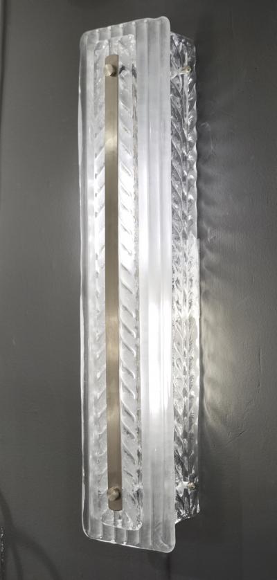 Italian Modern Pair Tall White Crystal Leaf Textured Murano Glass Nickel Sconces