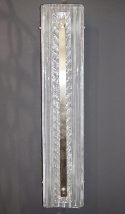 Italian Modern Pair Tall White Crystal Leaf Textured Murano Glass Nickel Sconces