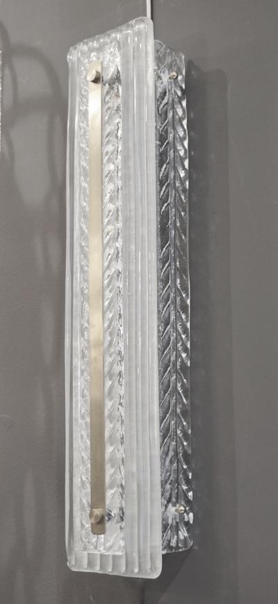 Italian Modern Pair Tall White Crystal Leaf Textured Murano Glass Nickel Sconces