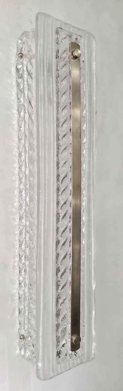 Italian Modern Pair Tall White Crystal Leaf Textured Murano Glass Nickel Sconces