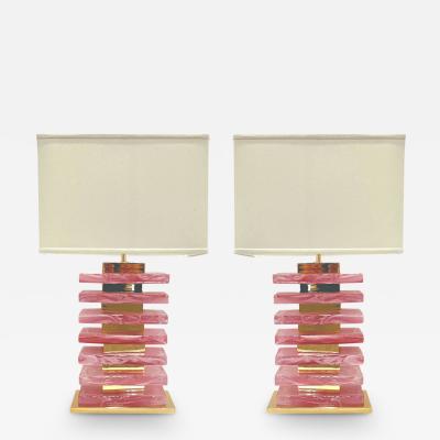 Italian Modern Pair of Architectural Urban Design Pink Murano Glass Brass Lamps