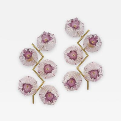 Italian Modern Pair of Pink Amethyst Murano Glass Flower Branch Wall Sconces
