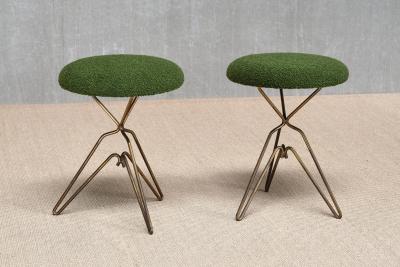 Italian Modern Pair of Sculptural Tripod Brass Stools in Green Boucl 1950s