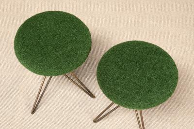 Italian Modern Pair of Sculptural Tripod Brass Stools in Green Boucl 1950s
