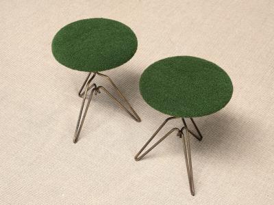 Italian Modern Pair of Sculptural Tripod Brass Stools in Green Boucl 1950s